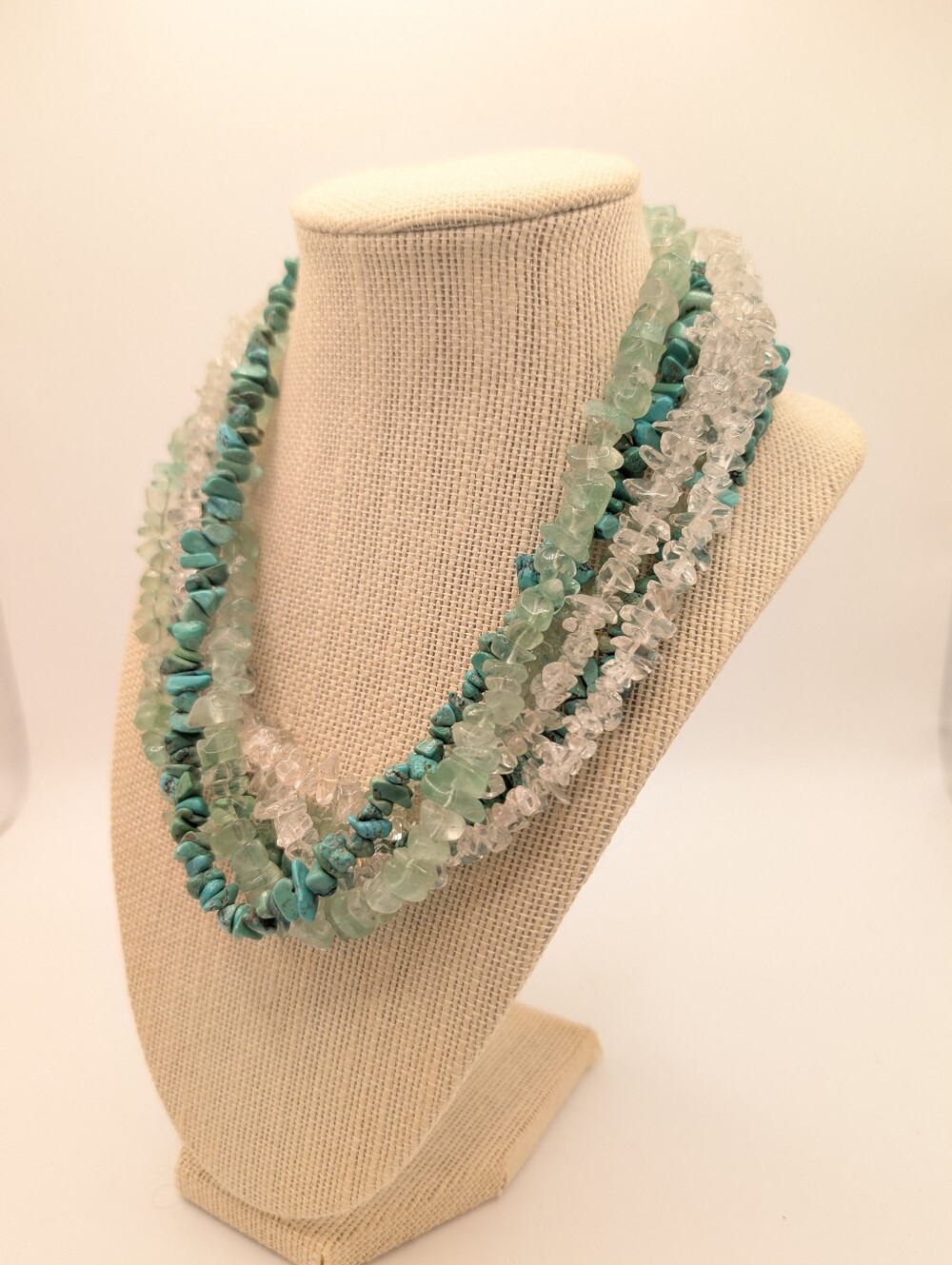 Turquoise & Quartz Chip Multistrand Necklace Beach Summer Colors Blue Green 18"